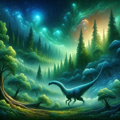 Primary subject: Dinosaur
Setting/background: Forest
Visual style: Digital art
Colors and mood: Blue, green, and purple